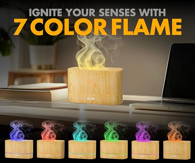 Colorful Aroma Essential Oil Diffuser for Home, Quiet Cool Mist Flame Humidifier for Bedroom with Remote, Fire Flame Diffuser Humidifier with Scent (Light Wood)