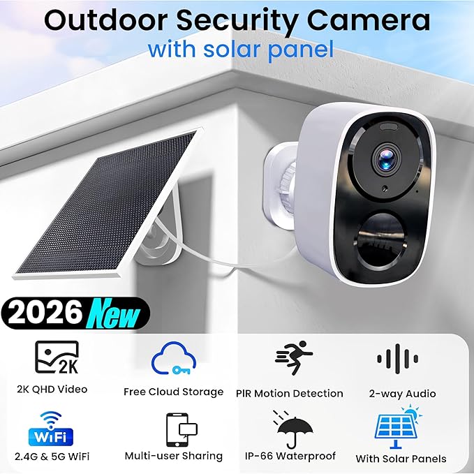 2026 Upgraded 2K Security Cameras Wireless Outdoor with Solar Panels, Free Cloud Storage, AI Motion Detection Spotlight Siren Alarm Outdoor Camera Wireless, 2-Way Talk, IP66 Waterproof