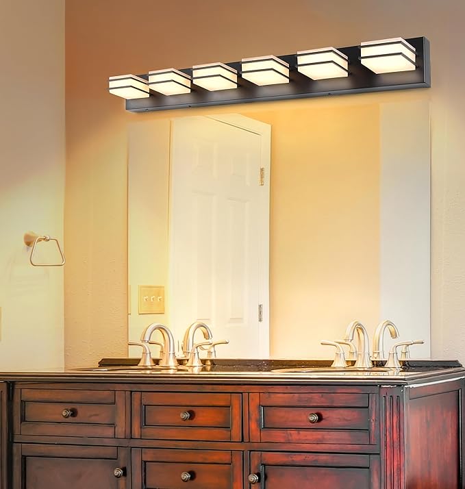 3 Color Temperature Dimmable Vanity Lights for Bathroom, Black 6 Light Vanity Light Fixtures, Acrylic Stainless Steel Square Shade Light Fixtures for Bathroom Above Mirror, ETL Certificated