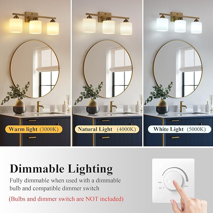 Milk Glass Vanity Lights for Bathroom, 3 Light Brass Bathroom Light Fixtures Over Mirror, Ceramic E26 Sockets Wall Mounted