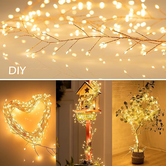 Minetom Fairy Lights Plug in, 10Feet 200LED Cluster String Lights, Copper Wire Waterproof Starry Firecracker Lights for Ceiling Bedroom Wreath Window Wedding Christmas Tree Decorations, Warm White
