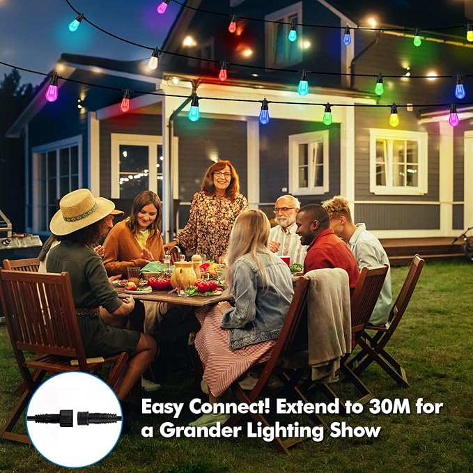 Outdoor String Lights Waterproof Patio Lights 52FT 20 RGBW Dimmable LED Bulbs, APP & Remote Control, Shatterproof Hanging Color Changing Lights for Outside Backyard Party Porch Balcony (52FT)