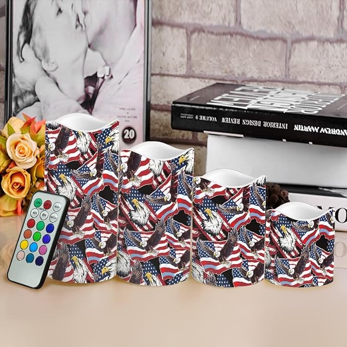 Star Stripes Patriotic Electric Candle American Flag Bald Eagle Print Flameless LED Flickering with Timer Independence Day Patriotic Light for Fireplace Living Room Decor, 4 Pack