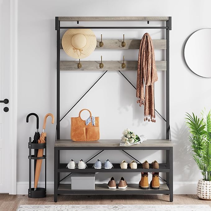Garvee Industrial Hall Tree with Bench and Shoe Storage, Entryway Coat Rack with Shoe Rack, Mudroom Storage Hooks, Hanging Bar & Shelf, Wood Look Accent Entry Bench for Closet or Hallway, Gray