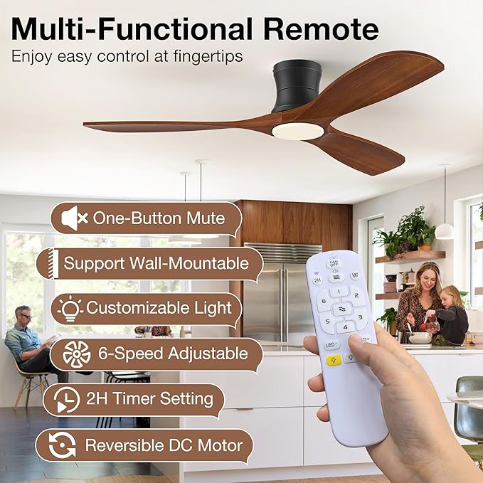 52inch Wood Ceiling Fans with Lights and Remote,Low Profile Modern Ceiling Fan with Light,Outdoor Indoor Flush Mount Ceiling fan,for Patio Bedroom Farmhouse,Walnut,3 Blades,6 Speeds,Quiet