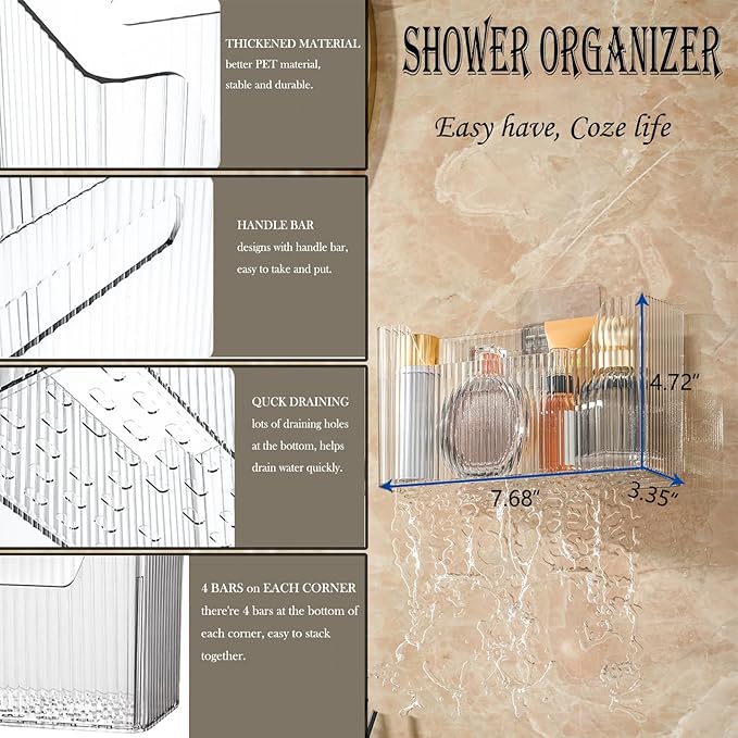 Set Of 2 Storage Organizer Bins Wall Mounted Shower Basket, Shower Caddy Stackable Clear Plastic Makeup Organizer Adhesive Hanging Bin for Bathroom, Kitchen, Cabinet, Pantry, BPA Free, Clear