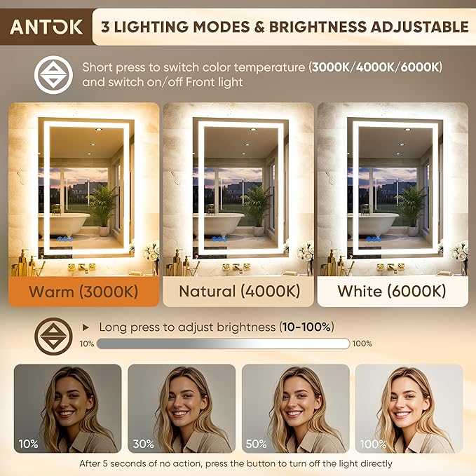Antok 36"x 36" LED Bathroom Mirror with Lights, Anti-Fog, Dimmable, Lighted Vanity Mirror with Tempered Glass, Memory Function, 3 Light Modes, Safe Use, Horizontal, Vertical, Wall Mount