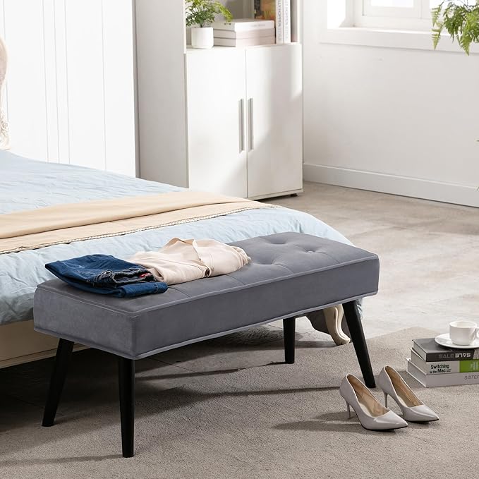 LOULENS Button Tufted Ottoman Bench, Fashionable Upholstered End of Bed Bench, Comfortable Velvet Entryway Bench for Living Room, Dark Gery