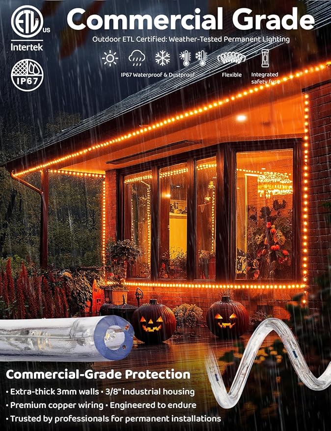WYZworks 576LEDs 50ft LED Outside Rope Lights, Outdoor ETL Certified Waterproof Permanent 360 Degree Light Emitting, Flexible Tube, Connectable, Christmas Palm Tree Exterior Landscape, Orange