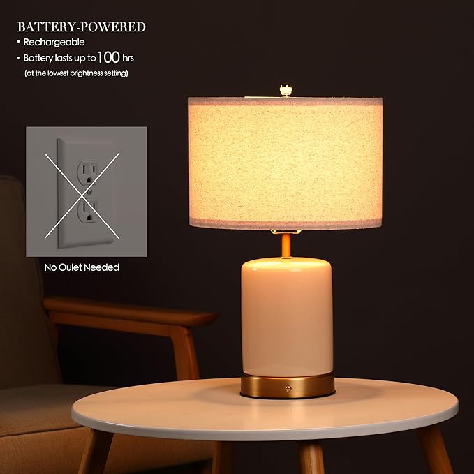 O’Bright Dune - Battery Powered Table Lamp, Rechargeable Cordless Ceramic Lamp, Full-Size 19.5 Inch Height, Dimmable, Smart Safety Protection, Type-C Fast Charging, LED Bulb Included, Cream White