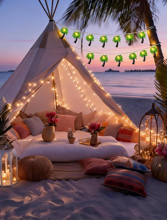 8.5Ft Palm Tree Lights Outdoor, Patio Lights String with 10 LED Summer Beach Themed Lights for Indoor Bedroom Tiki Party Decor, White Wire