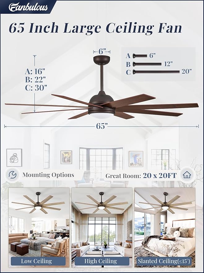 Fanbulous 65 Inch Ceiling Fans with Lights and Remote, Walnut Indoor/Outdoor Ceiling Fan with Quiet Reversible DC Motor, 6 Speeds, 3CCT, 8 Blades Large Ceiling Fan for Living Room Bedroom Patio