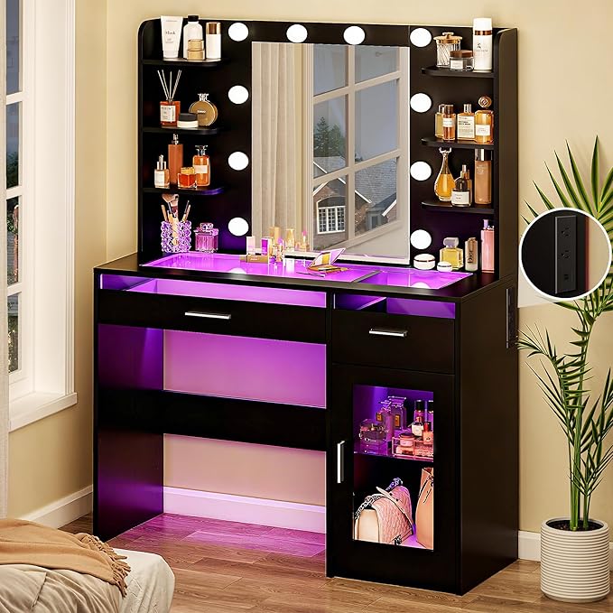 Vanity Desk with Mirror and Lights, Makeup Vanity Desk with Lights 3 Colors, Transparent Top Vanity with 2 RGB Drawers, 6 Shelves, Large Tempered Cabinet, Power Outlet, for Bedroom, Black