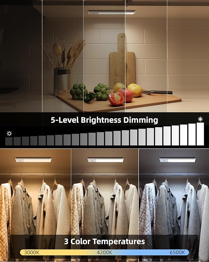 EZVALO Under Cabinet Lighting, 2400mAh Rechargeable Motion Sensor Light Indoor, 3 Color Temps, 5-Level Dimmable Magnetic Wireless Closet Lights for Kitchen, Pantry, Stairs (2 Pack)