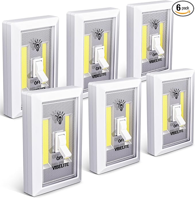 VIBELITE Closet Light, Battery Operated Switch Light, Tap Light, Touch, Push Night Lights, Wall Wireless Mount Under Cabinet, Shelf, Shed, Kitchen, Garage, Attic, RV, Lighting Installations (6-Pack)