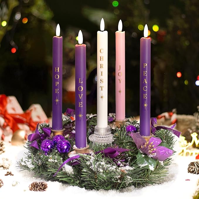 Flameless Advent Candles Battery Operated, Advent Candles Set of 5, 10 Inch Tall, Realistic 3D Flames and Remote Control, Electric LED Candle Set for Advent Wreath