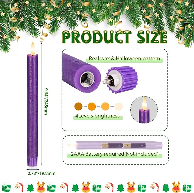Purple Flameless Taper Candles with Remote, 3 Pack Real Wax Battery Operated Candles, 9.6 Inch Flickering Led Christmas Candlesticks Decorations for Winter Home Holiday Xmas Gift