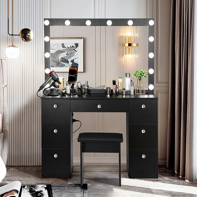SMOOL Vanity with Lighted Mirror, Makeup Vanity Desk with Power Outlet and LED Bulbs, 3 Color Lighting Modes Adjustable Brightness, 7 Drawers Vanity Table with Cushioned Stool for Bedroom,Black