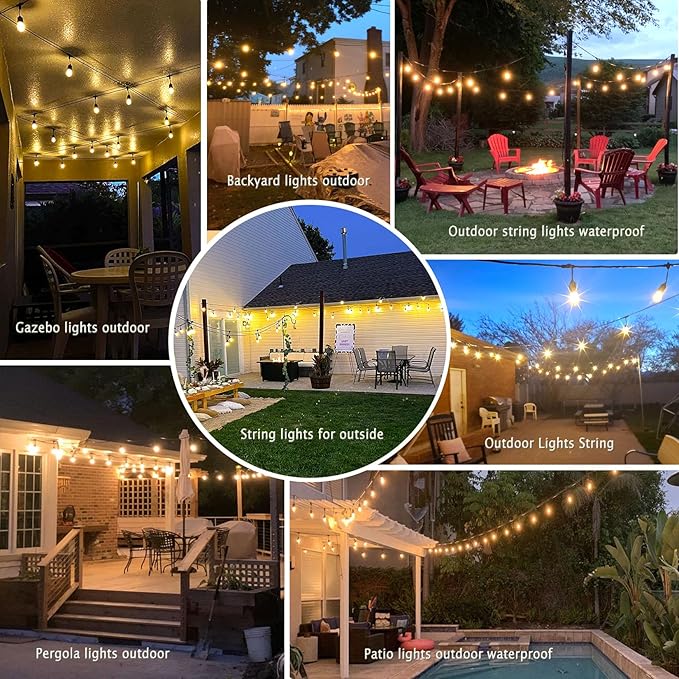 150 FT Outdoor String Lights for Outside Black with 48pcs Replaceable S14 Edison Lights 2200K, Weatherproof for Patio Pergola Gazebo Backyard, 1-Pack, Hooks and Zip Ties Included, Connectable