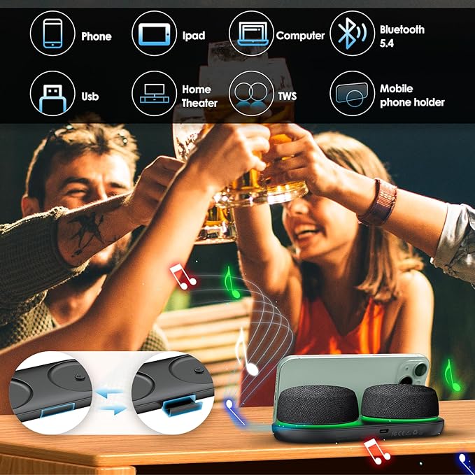 Dual Bluetooth Speaker Set with Magnetic Base & Phone Stand - TWS Stereo Sound, 10H Playtime, 3H with RGB Music Lights On- Bluetooth Wireless Speaker for Home Theater, Outdoor,TV Watching, Multi Room