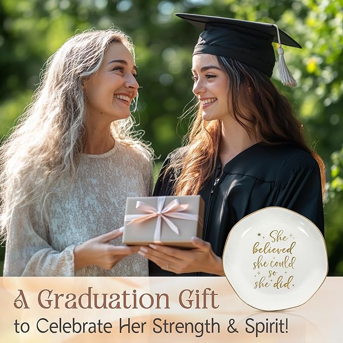 OASSIE Graduation Gifts for Women - 4x4 Round Ceramic Jewelry Dish Tray - Inspirational College High School Graduation Gifts for Friends Sister Women