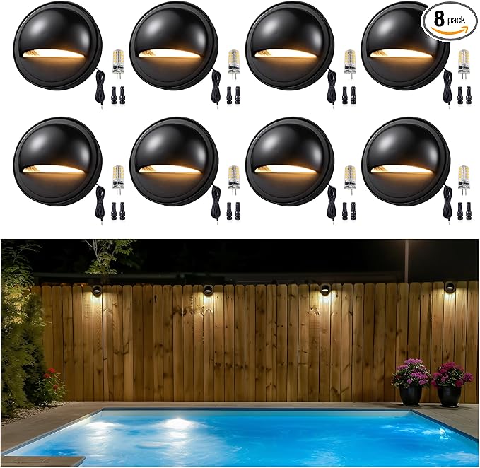 Gardenreet Low Voltage Deck Lights - Landscape Solid Brass LED Step Lights Outdoor, 12V Hardwired IP65 Waterproof, Round Black for Fence Wall Stair with 2700K Warm White G4 Bulb 8 Pack