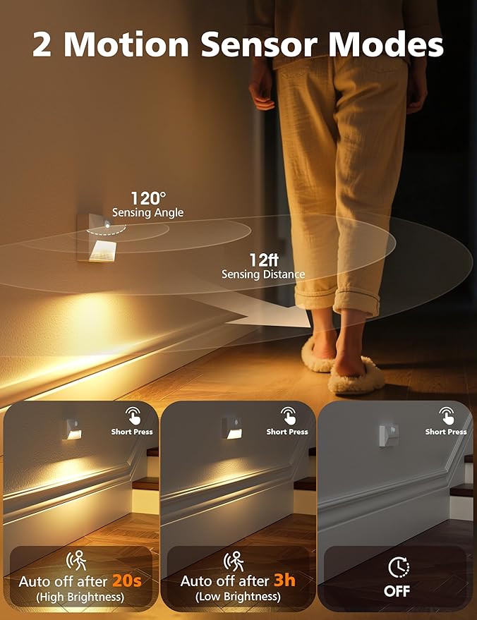 NIORSUN Motion Sensor Stair Lights Indoor, 2000mAh Battery Operated Night Light, 3 Color Temperature with Light Sensor for Stairway, Hallway, Bathroom, Kitchen, Bedroom White 4 Pack