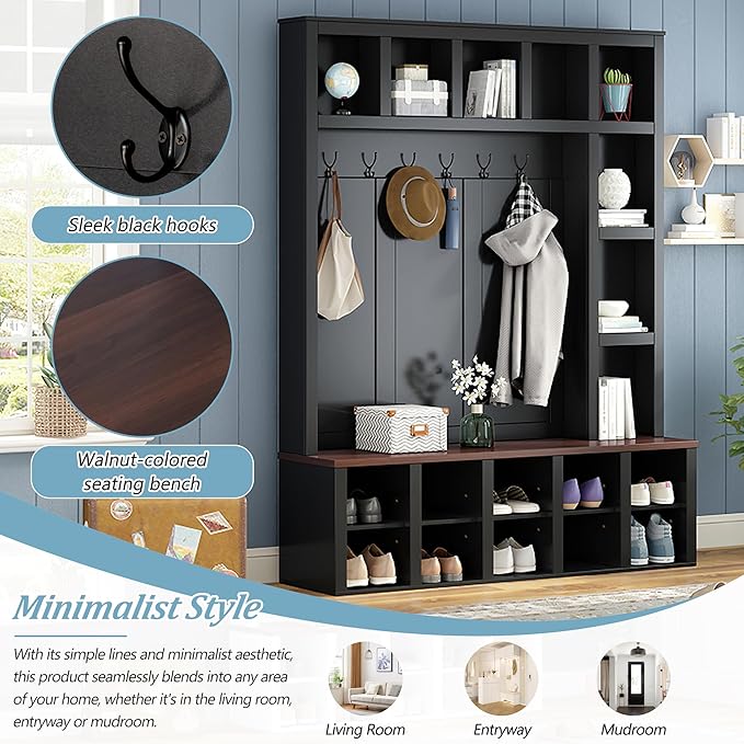 Farmhouse Style Hall Tree with 6 Hooks, Practical Walnut Storage Bench with Adjustable Shelves, Wooden 4-in-1 Entryway Shoe Cabinet with 13 Cubbies for Mudroom, Living Room (Black + Dark Walnut-8)