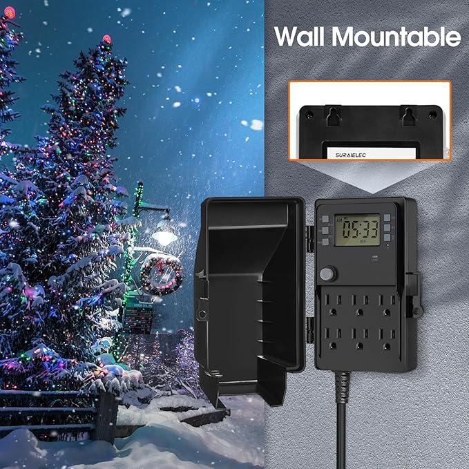 SURAIELEC Outdoor Power Stake, 7-Day Programmable Digital Timer, Power Strip Weatherproof, 6 Multi Plug Electrical Outlet Waterproof, 6 ft Extension Cord for Outside Light, Halloween Decoration