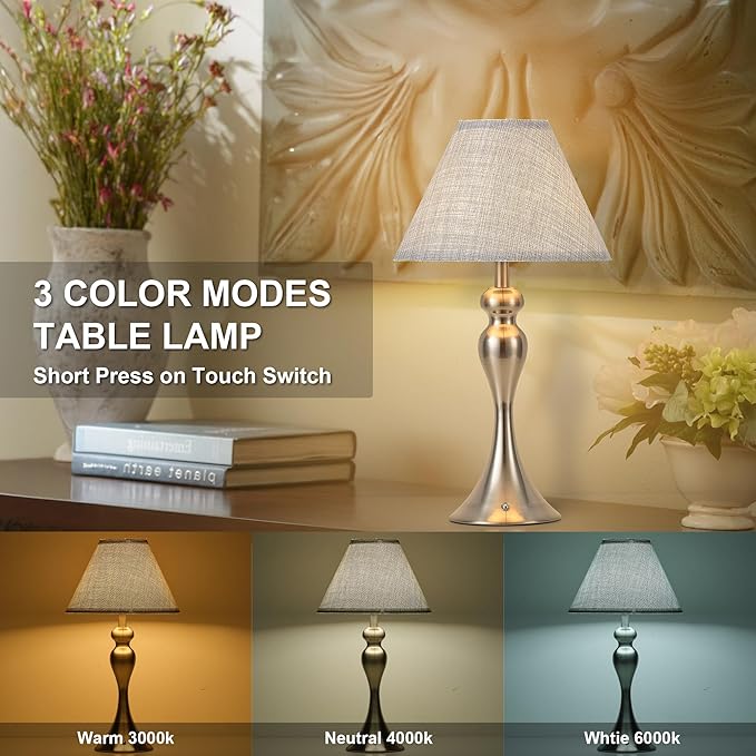 Rechargeable Cordless Table Lamps, Battery Operated Lamp with Fabric Shade for Decor, 3 Color Stepless Dimming LED Table Light, Nightstand Lamp for Nursery, Bedroom, Living Room, Home Office (Nickel)