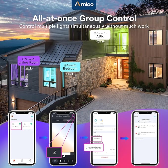 Amico 6 Pack 4 Inch Smart LED Recessed Lighting, WiFi Bluetooth Canless Downlight with Junction Box, RGB & 2700-6500K Color Changing, 10W=70W 800LM, Voice&Remote&Group Control