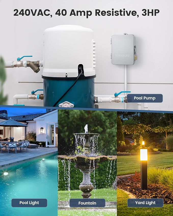 SURAIELEC WiFi Pool Timer, 40 AMP 240V 3HP, Heavy Duty Outdoor Indoor Smart Timer for Pool Pump, Spa, Pool Light, Water Pump, 240 Volt Pool Equipment Controller for Up to 3HP Devices