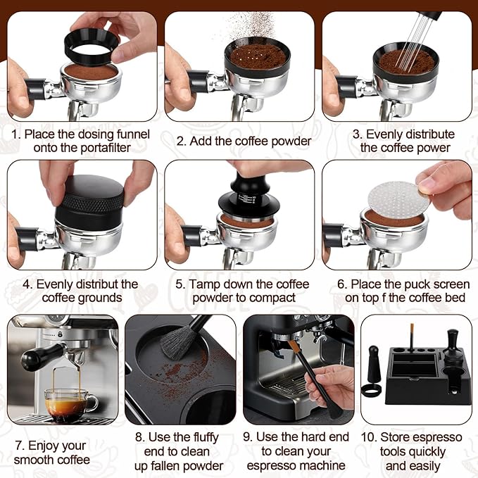 7pcs Espresso Accessories Kit 51/58/53mm Tamping Station Machine Accessories Spring Loaded Calibrated Tamper Wdt Espresso Tool and Dosing Funnel Set Distributor and Tamper Leveler(58mm)