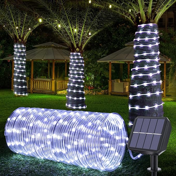 Solar Rope Lights, 66ft 200LED Solar String Lights, 8 Modes Waterproof Solar Powered Outdoor Light, Flexible Clear Tube Light for Garden, Backyard, Patio, Deck, Porch, Pool, Tree Decorative - White