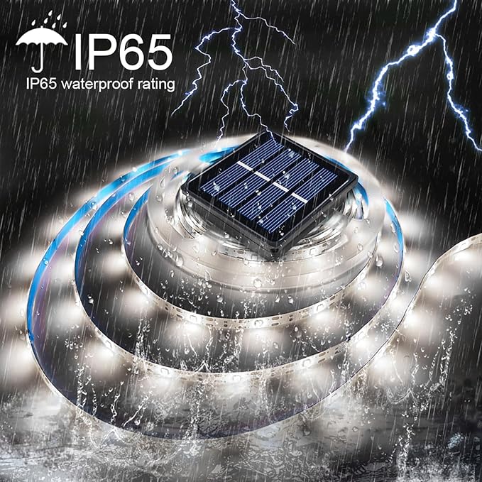 Solar LED Strip Lights Outdoor Waterproof Solar Powered Rope Light 19.6FT 180 LED 6000K White Cuttable Tape Lighting for Outside, Pool, Stair, Sign (Upgraded Version)