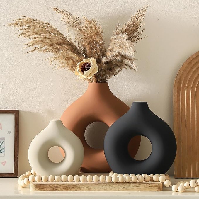 Ceramic Vase Home Table Decor - Flower Vases Set of 3 Small Living Room Centerpiece Decorations for Shelf Bedroom Office Kitchen Dining Desk Modern Aesthetic Farmhouse Decorative (Rust)