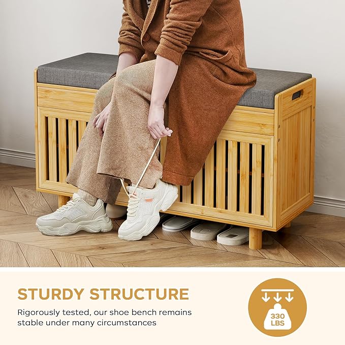35.4in Shoe Storage Bench, Bamboo Entryway Bench with Lift Top Storage & Padded Seat Cushion, 2-Tier Shoe Rack Cabinet with 2 Doors for Entryway, Living Room, Bedroom, Mudroom, Natural