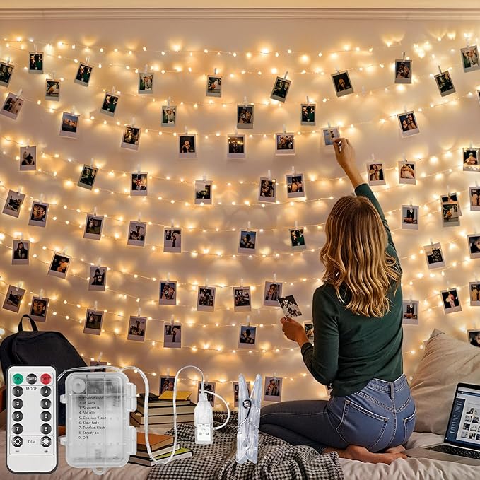 suddus 33ft 100 LED Fairy Lights with Clips for Pictures, Photo Lights with Remote USB Powered & Battery Operated with 45 Clear Clips, String Lights for Party, Bedroom, Decoration, Warm White