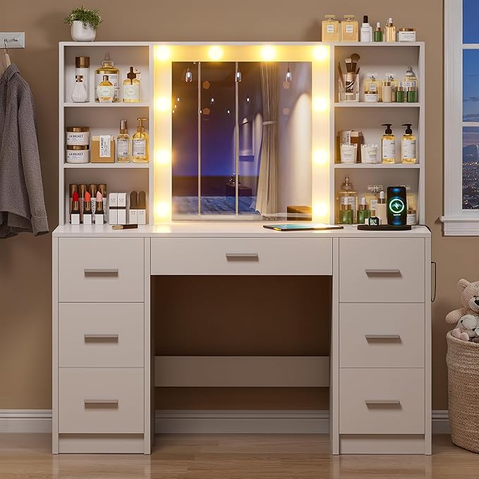 Vanity Desk with Mirror and LED Lights, Large Vanity with 7 Drawers and 6 Shelves, Makeup Vanity Dressing Table with Charging Station for Girls, Women (White)