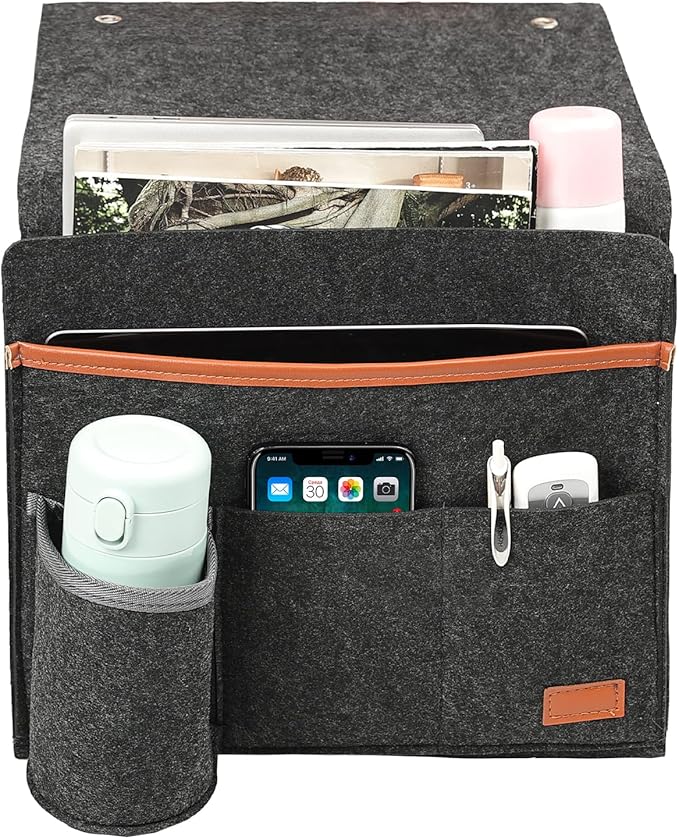 Surblue Bedside Caddy Felt Bedside Storage Organizer with Water Bottle Holder for TV Remote Control Phone Glasses Magazine 7 Pockets(Dark Grey)