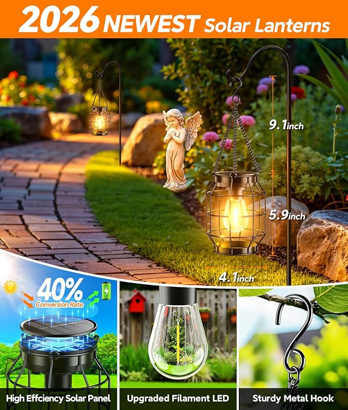 KOOPER Solar Lanterns Outdoor Waterproof, Upgraded Metal Hanging Solar Lights Outdoor Decorative, Brighter Outdoor Hanging Lantern for Yard Patio Pathway Porch Garden Decor, Gift for Women Mom 2 Pack