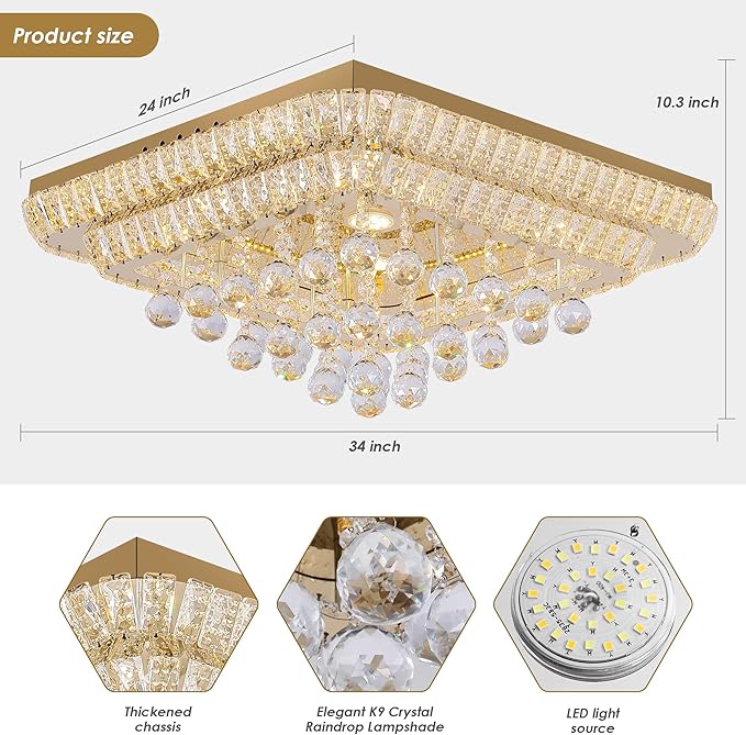 REDSTAR 24" Gold Crystal Ceiling-Light Flush Mount with Remote and APP, 3 Colors Temp & Brightness Adjustable, Modern Crystal Raindrop Chandeliers for Bedroom Hallway Dinning and Living Rooms-Square