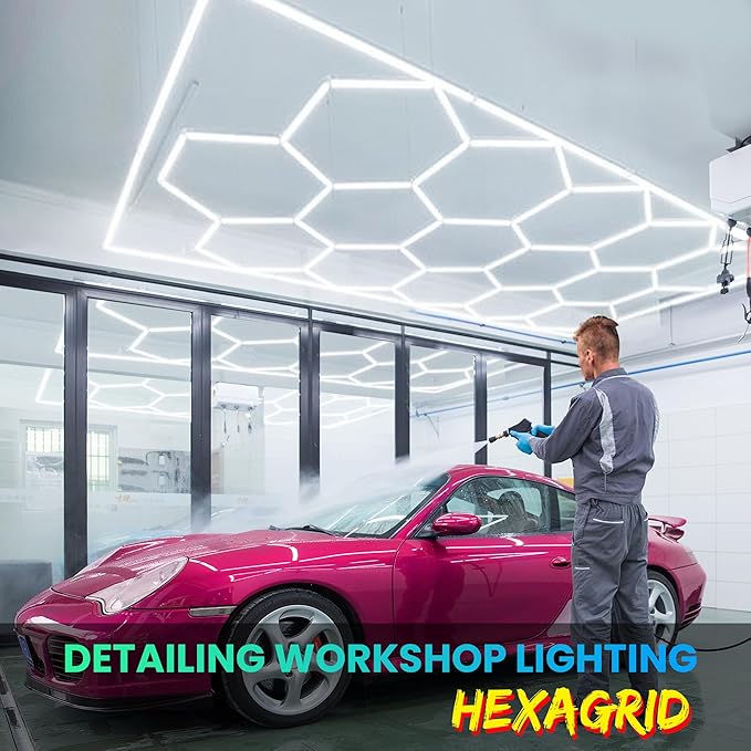 Car Detailing Led Garage Light,15 Hexagonal Grid Systems Led Shop Lights for Garage/ Workshop with White Border, IP54 2 Year Warranty AC 100-240V(15.88 fts x 7.98 fts )