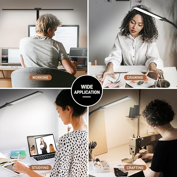 LED Desk Lamp for Home Office, Eye-Caring Desk Light with Clamp, 15W Double Head Architect Task Lamp Stepless Dimming, Flexible Gooseneck Bright Table Lamp for Study Reading Workbench Drafting