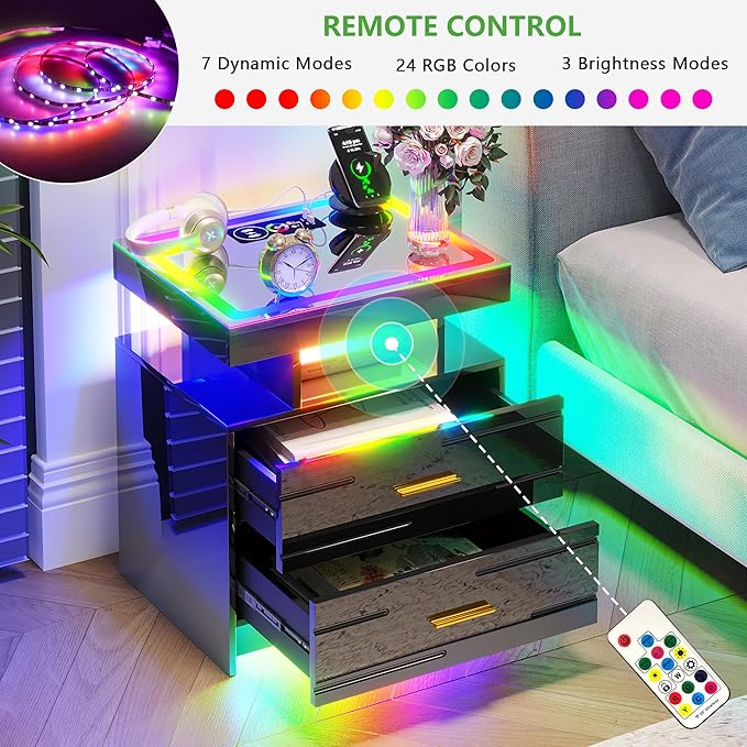 HNEBC RGB Nightstand with Wireless Charging Station, LED Night Stand with Motion Sensor Lights, Smart Bedside Table with Changing Strip Lights with Remote,High Gloss Side Table/Glass Top (Black)