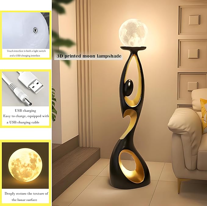 Bofea-Mid Century Modern Floor Lamp,Unique Corner Decorative Reading Standing Light,Rechargeable Moon Standing Lamp Or Resin Creative Stylish Decor Lamps for Living Room,Bed Room. (Black)