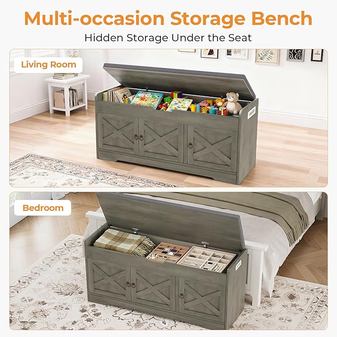 Farmhouse Shoe Storage Bench with Cushion Seat, 3-Tier Entryway Bench with Lift Top Storage and Adjustable Shelf, Bench for Hallway, Bedroom, Grey