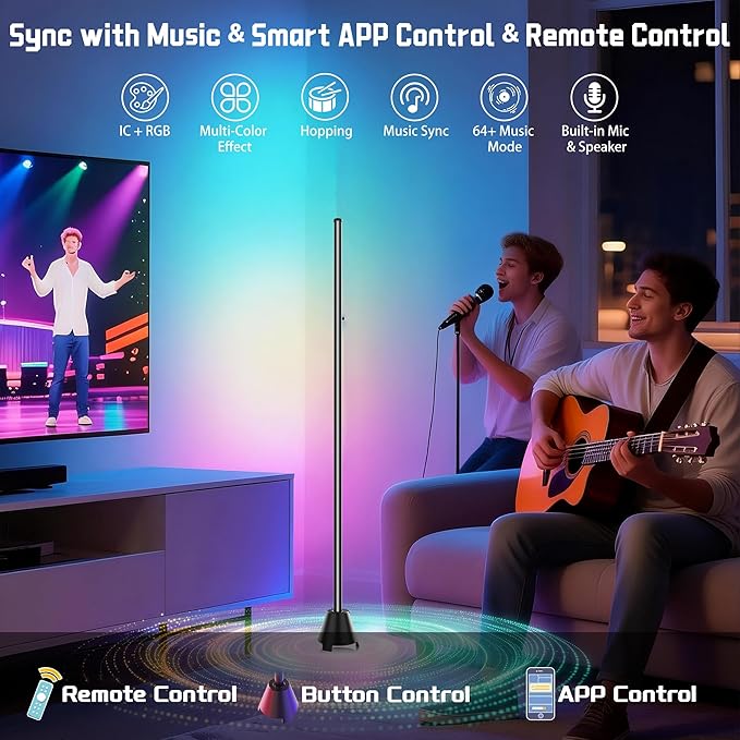 Led Corner Floor Lamp with Speaker, USB Powered Led Lamp App & Remote Control, Color Changing Music Sync IC+RGB, Timer, Music Mode Standing Lamps for Living Room Lamp Bedroom Gaming, 1 Pack
