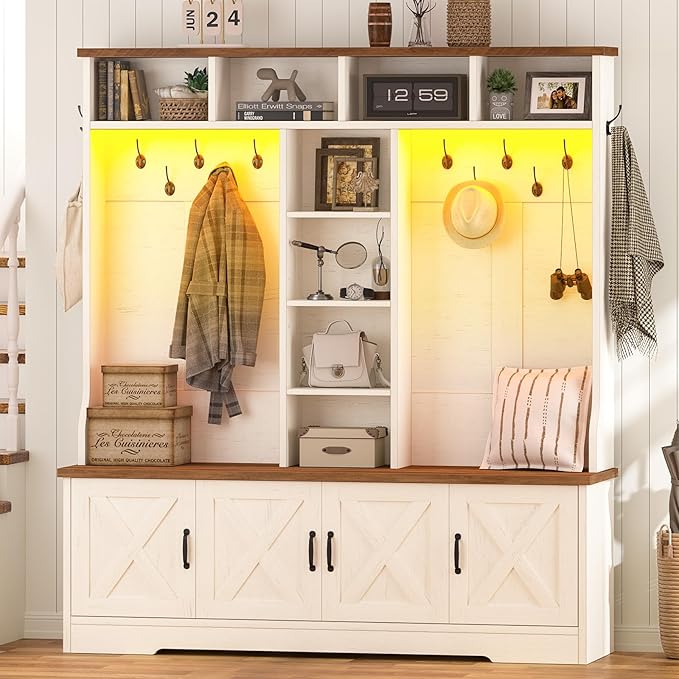 Hall Tree with Bench and Shoe Storage, Farmhouse Entryway Bench with Coat Racks and Led Lights, Large Hall Tree with 12 Coat Hooks, 8 Storage Cubbies, Adjustable Shelf