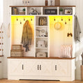 Hall Tree with Bench and Shoe Storage, Farmhouse Entryway Bench with Coat Racks and Led Lights, Large Hall Tree with 12 Coat Hooks, 8 Storage Cubbies, Adjustable Shelf